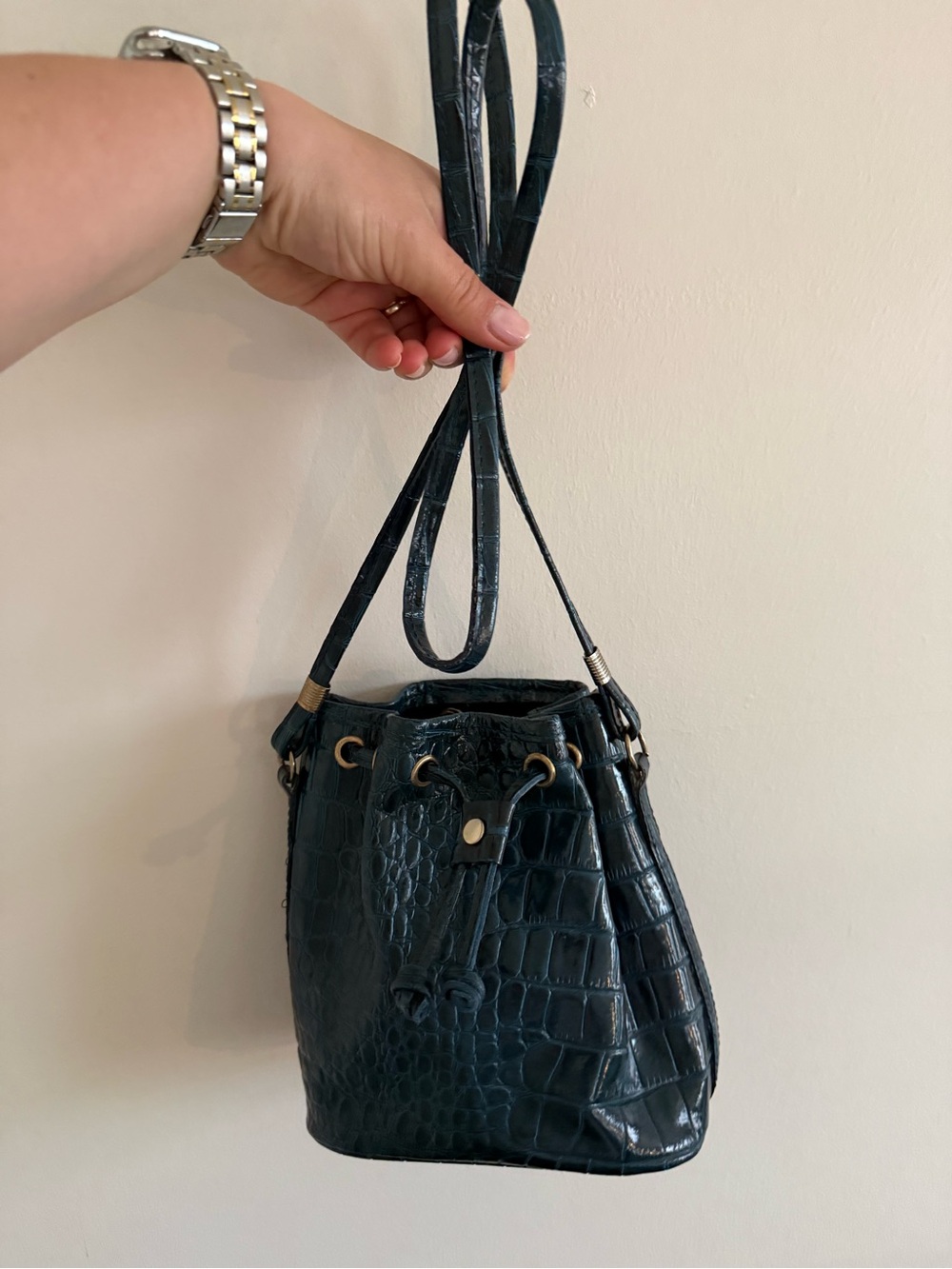 ❌SOLD LOCAL❌ Vintage Teal Croc-Embossed Leather Bucket Bag Mini Crossbody - Picture 3 of 12